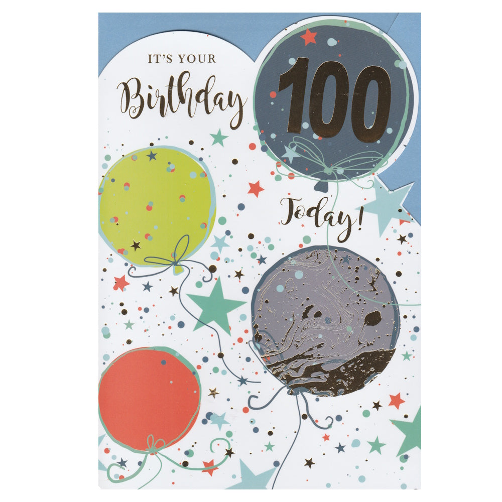 This 100th birthday card has an Illustration of coloured balloons on a starry background with the text '100 It's your Birthday Today'. Gold foil detail.