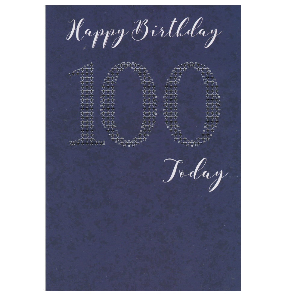This 100th birthday card has the text 'Happy Birthday 100 Today' on a dark blue background. Silver foil detail.