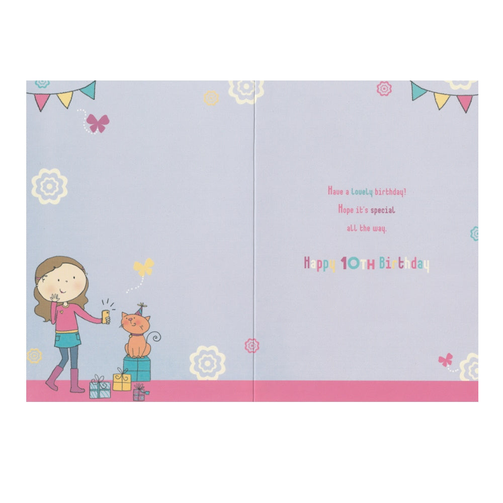 Front of this 10th birthday card features an illustration of a girl taking a selfie, paired with a message.