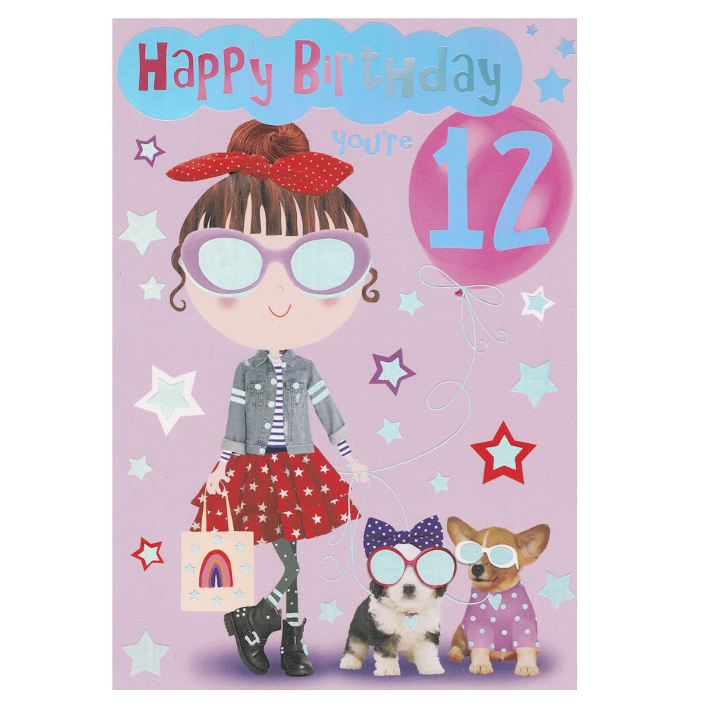 Front of this 12th birthday card features an illustration of a girl wearing sunglasses and a red dress, accompanied by two dogs, one wearing sunglasses and a bow.