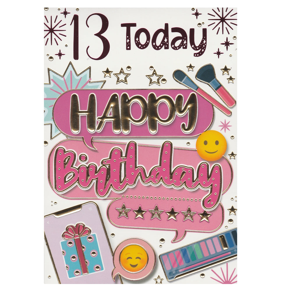 Front of this 13th birthday card features the text '13 Today' 'Happy Birthday' with illustrations of makeup products.