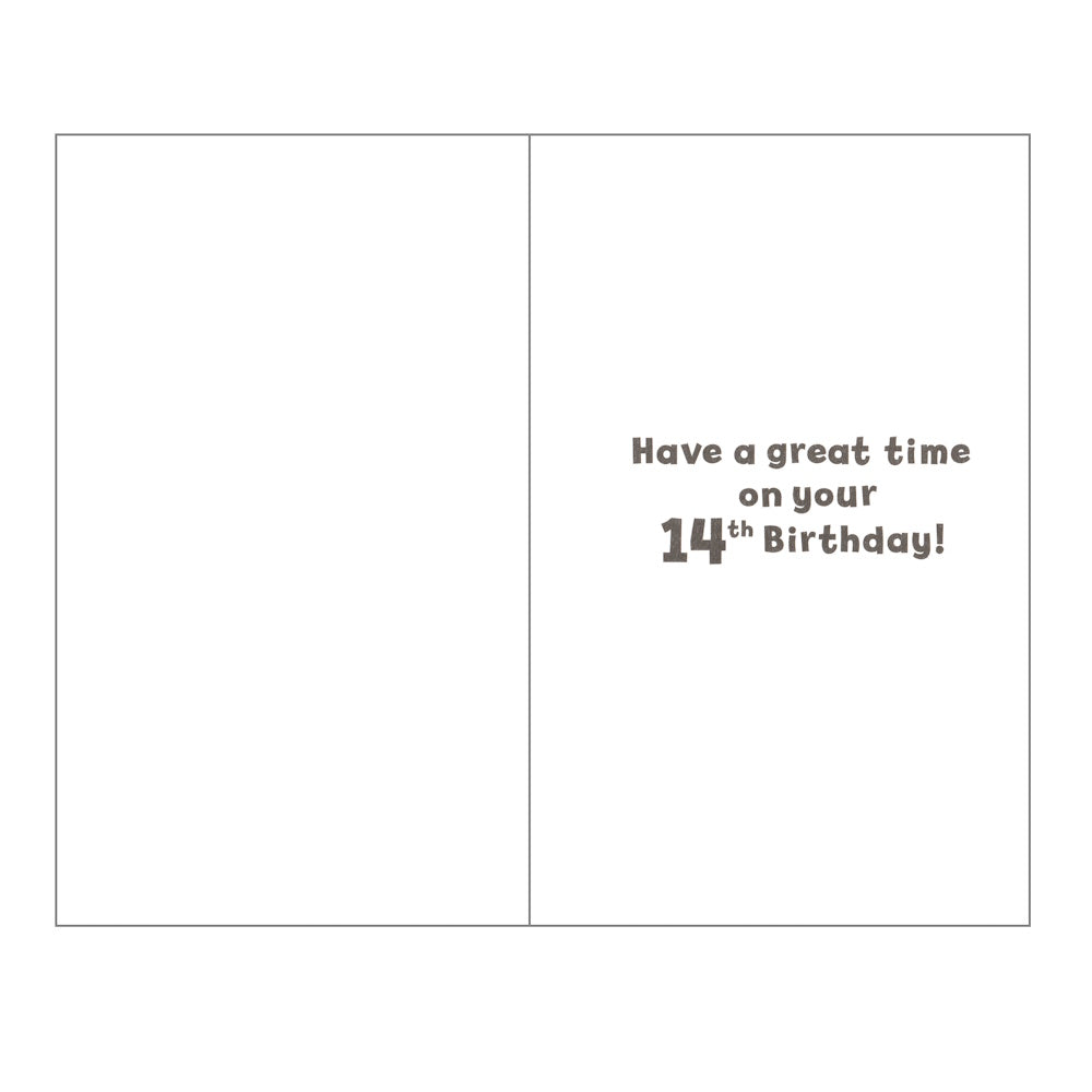 Front of this 14th birthday card features the text 'Happy Birthday 14', surrounded by colourful stars and shapes.