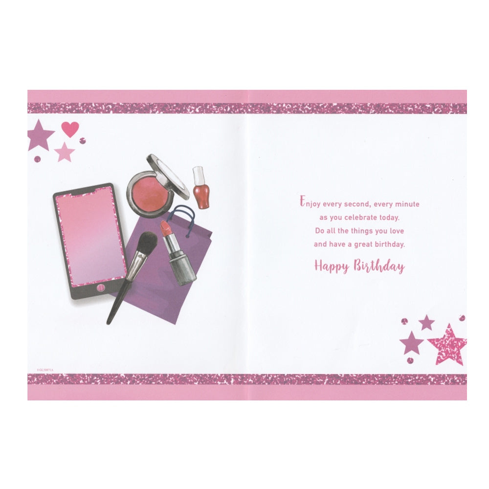 Front of this 17th birthday card features the text 'YOU'RE 17 TODAY' with illustrations of makeup products.