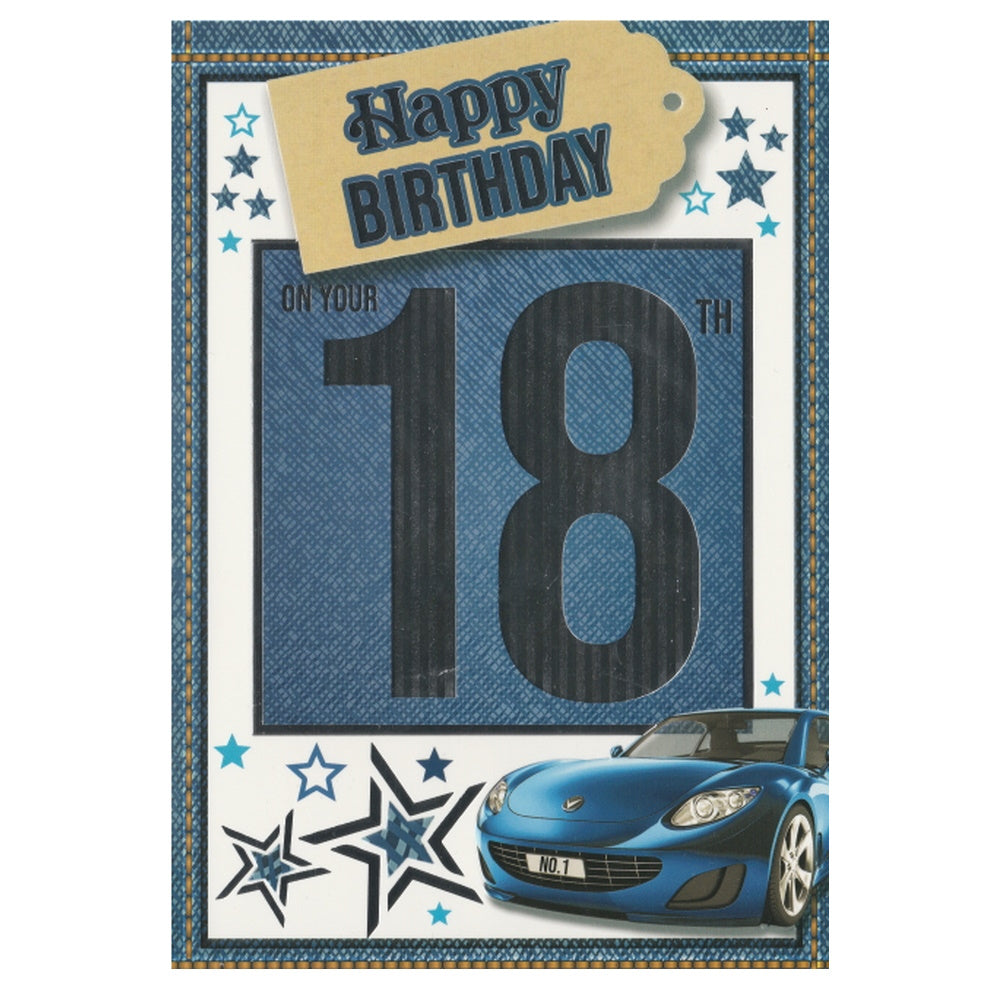 Front of this 18th birthday card features the text 'HAPPY BIRTHDAY ON YOUR 18 BIRTHDAY' with an illustration of a blue car.