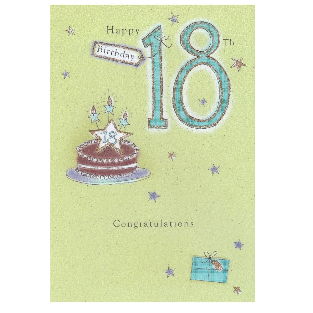 Front of this 18th birthday card features an illustration of a 18th cake and a present, paired with a message.