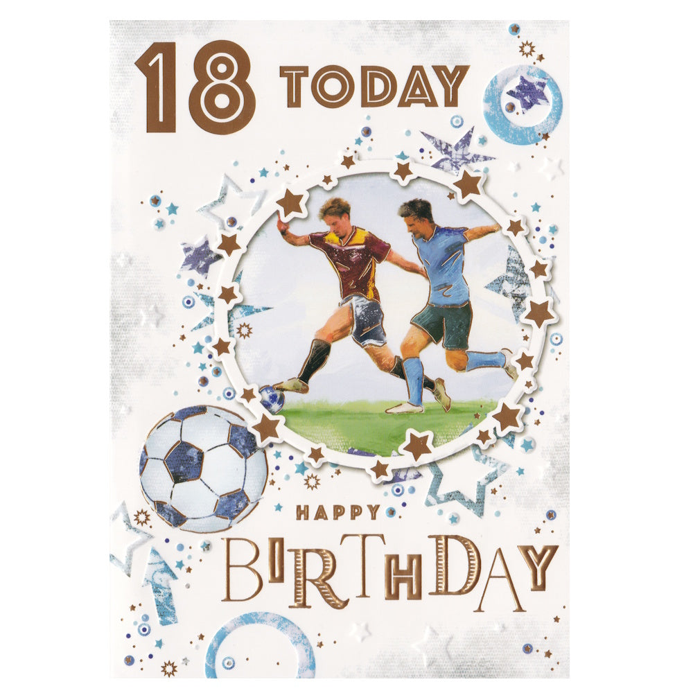Front of this 18th birthday card features the text '18 TODAY Happy Birthday' and an illustration of football players.