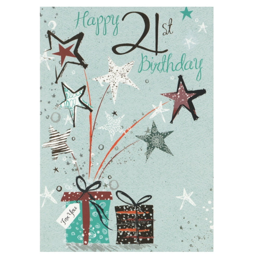 Front of this 21st birthday card features the text 'HAPPY 21ST BIRTHDAY' with illustrations of stars and presents.