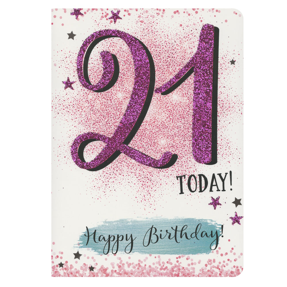 Front of this 21st birthday card has the words '21 TODAY' written in sparkly purple letters, surrounded by small pink stars and a 'Happy Birthday!' message at the bottom.