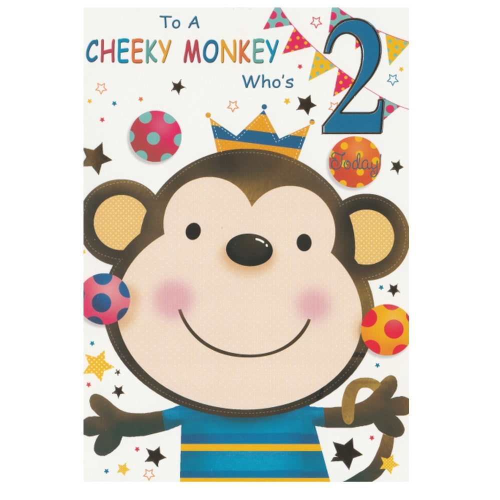 Front of this 2nd birthday card features an illustration of a monkey surrounded by multicoloured circles and bunting, paired with a message.