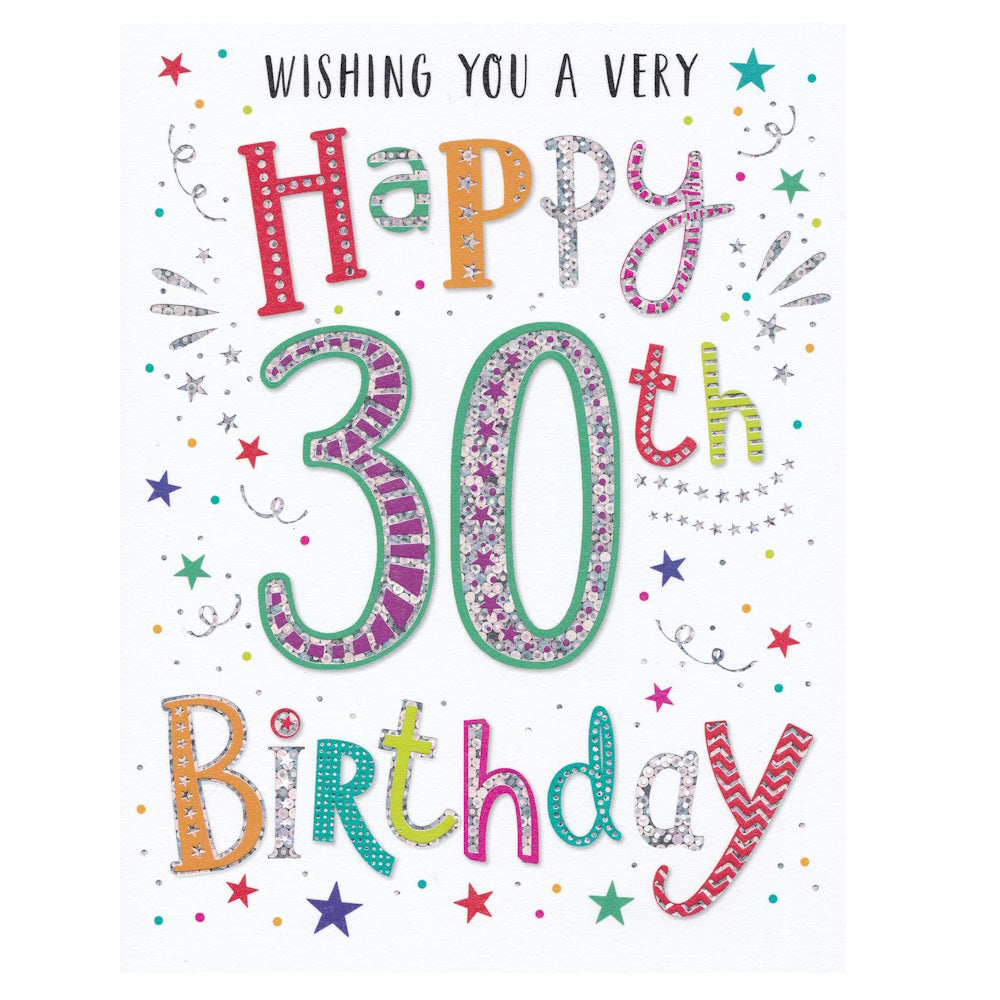 Age 30 Birthday Card. This card has multicoloured text saying 'WISHING YOU A VERY HAPPY 30TH BIRTHDAY'. Silver foil detail.