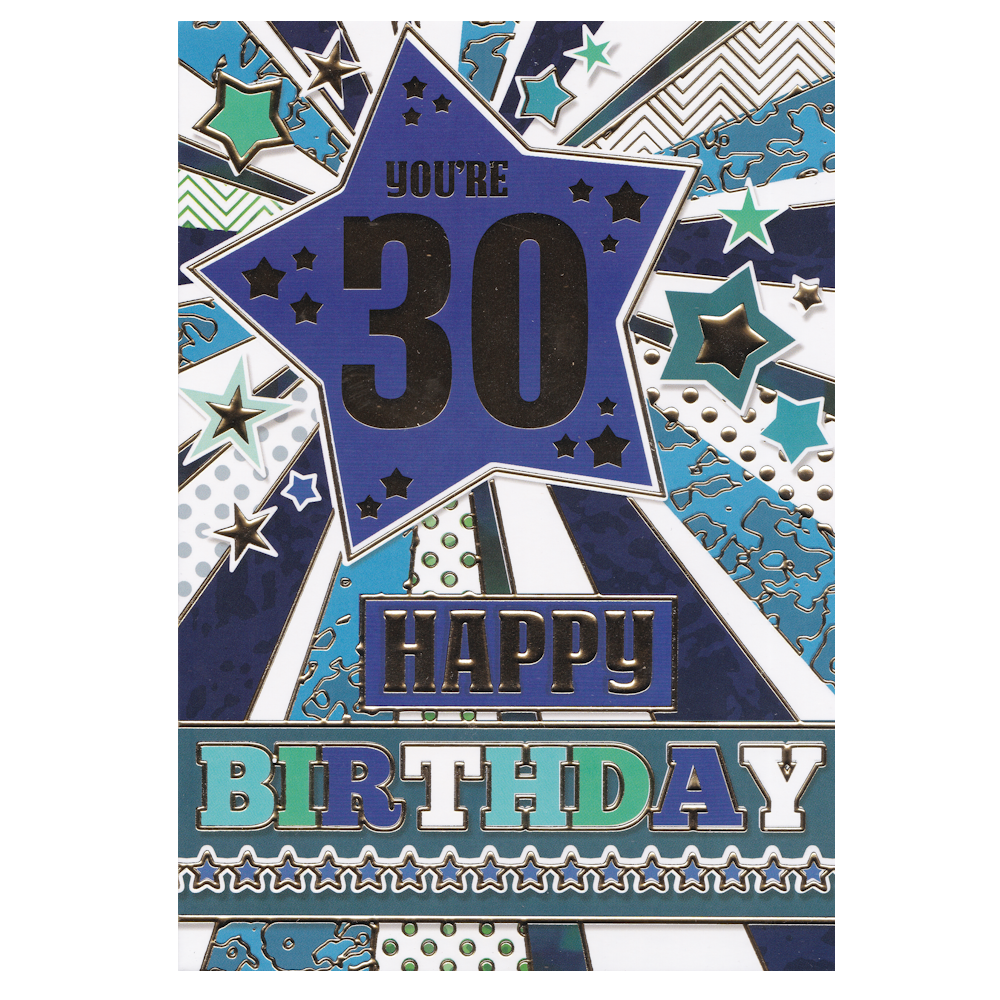 Age 30 Birthday Card. This card has illustrations of stars and stripes with a large blue star in the centre and the text 'You're 30 HAPPY BIRTHDAY'. Gold foil detail.