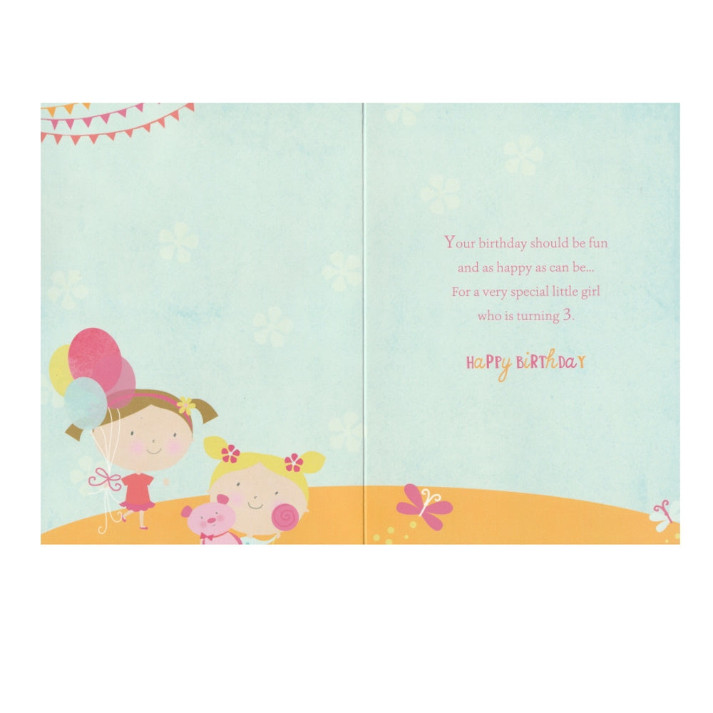 Front of this 3rd birthday card features an illustration of two girls with balloons, paired with a message