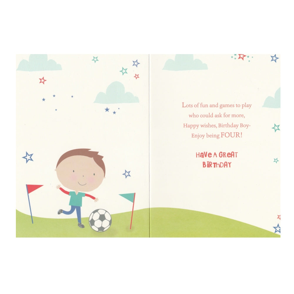 Front of this 4th birthday card features an illustration of a boy with a football and a football net, paired with a message.