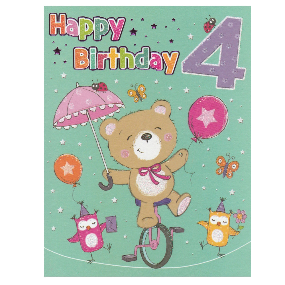 Front of this 4th birthday card features an illustration of a bear cycling on a tightrope with a pink parasol, paired with a message.