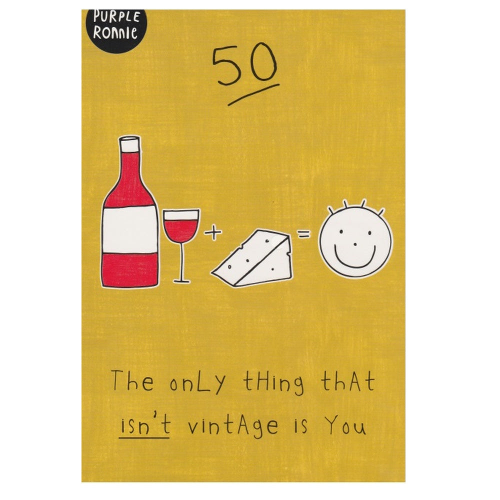Front of this 50th birthday card features an illustration of wine, cheese and a smiling face, paired with a message.