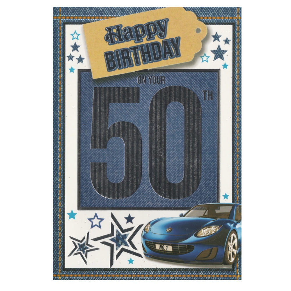 Front of this 50th birthday card features the text 'HAPPY BIRTHDAY ON YOUR 50TH' and an illustration of a blue car.