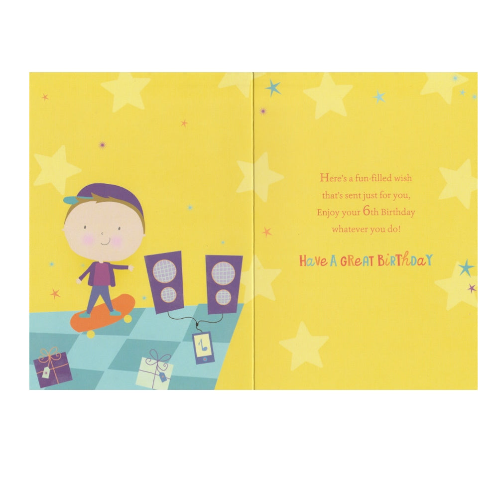 Front of this 6th birthday card features an illustration of a boy with a orange skateboard, paired with a message.
