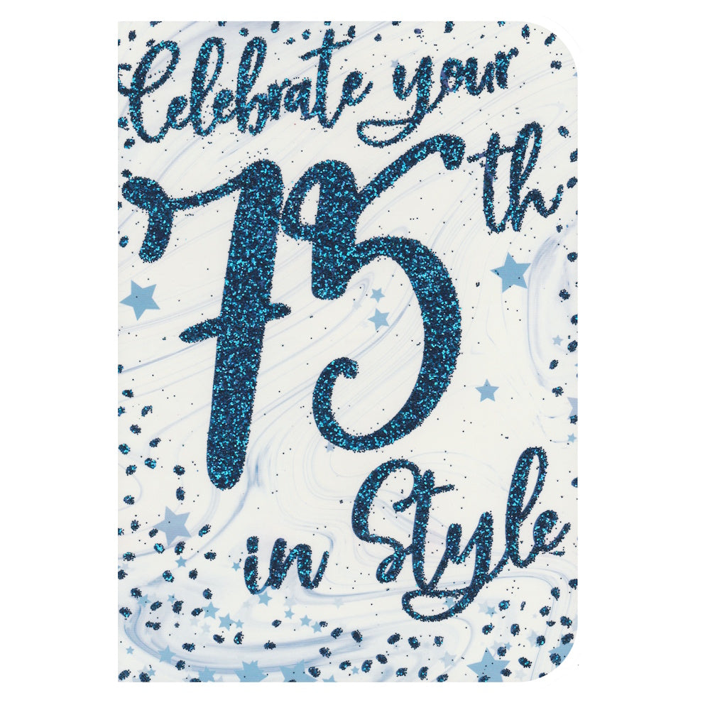 Front of this 75th birthday card features the text 'Celebrate your 75th in Style' on a blue star and white dotted background.
