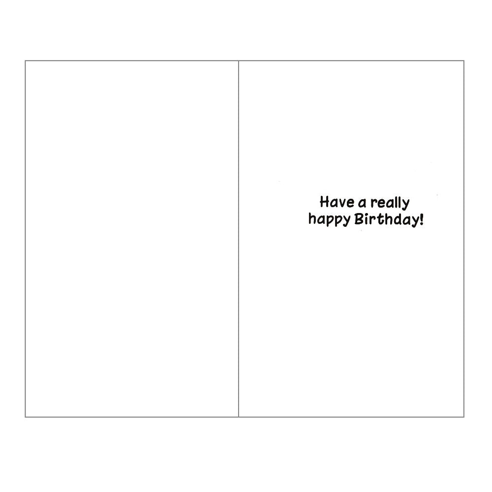 Front of this 7th birthday card features an illustration of a dog in a stripy t-shirt, paired with a message.