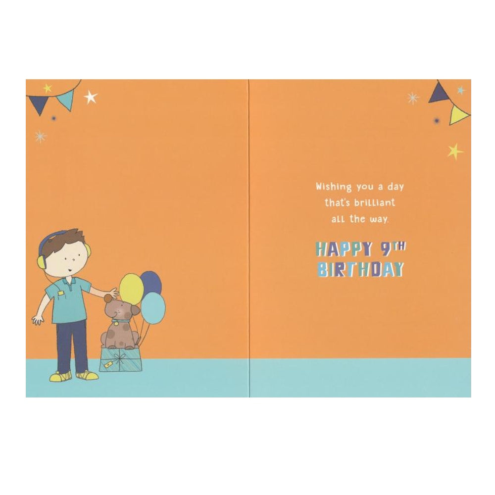 Front of this 9th birthday card features an illustration of a boy and a dog, paired with a message.