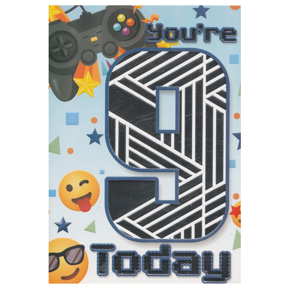 Front of this card features the text 'You're 9 Today' and illustrations of a game controller and smiling emojis.