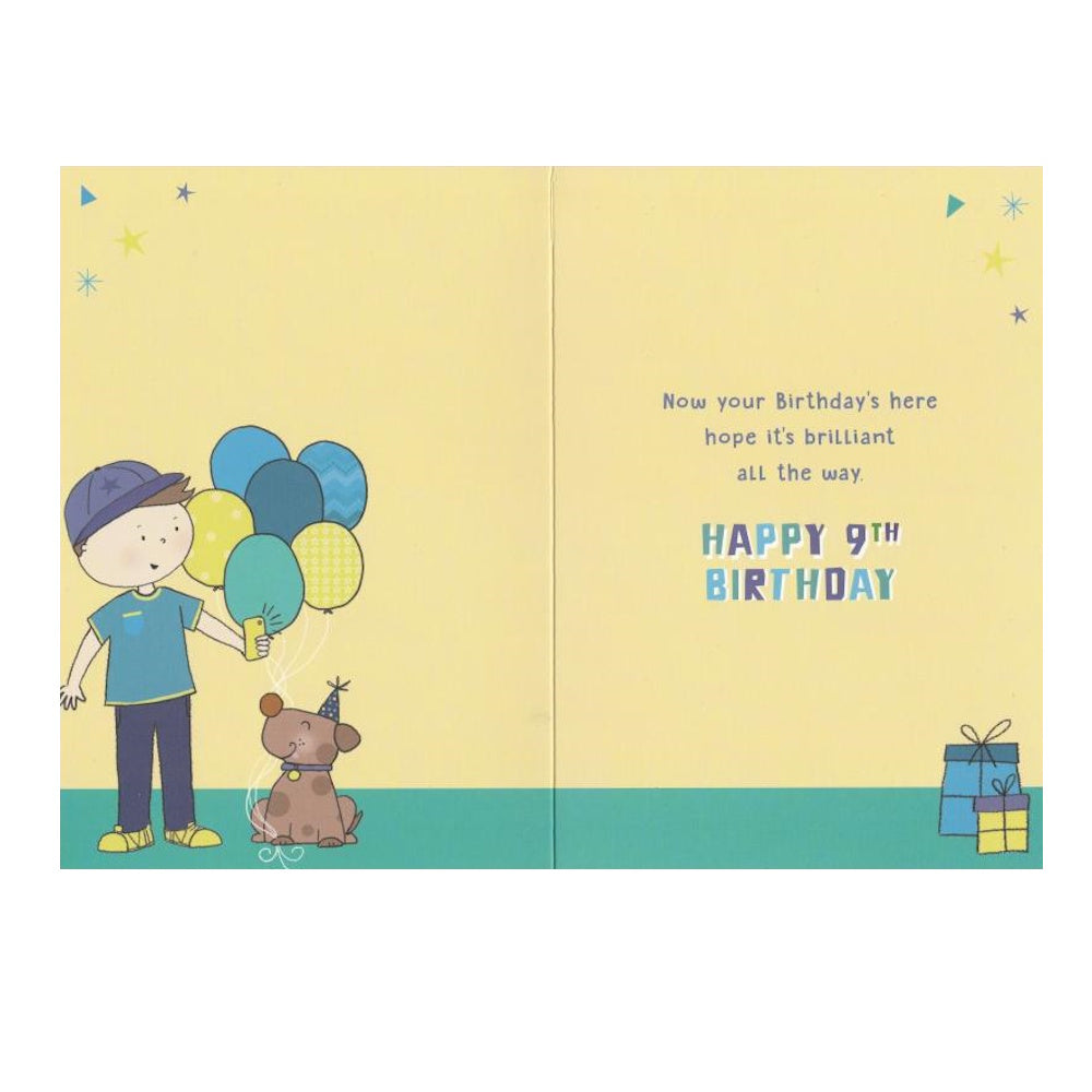 Front of this 9th birthday card features an illustration of a boy with a mobile phone and a dog, paired with a message.
