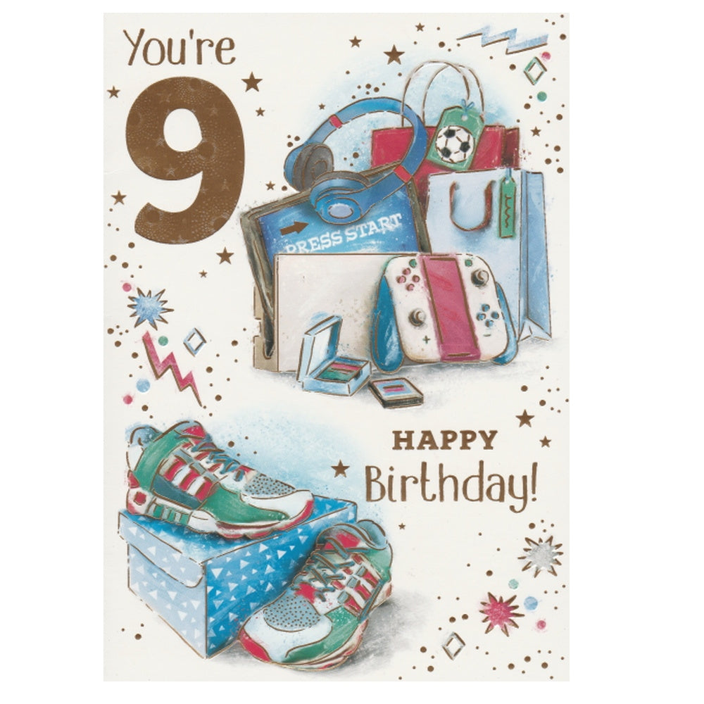 Front of this 9th birthday card features illustrations of a pair of trainers and multiple shopping bags, paired with a message.