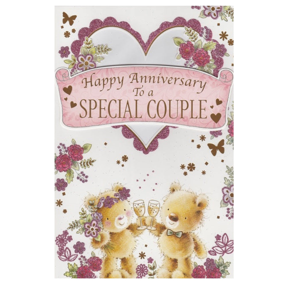 Front of this special couple anniversary card features an illustration of two teddy bears raising a toast with the text 'Happy Anniversary To a Special Couple'.