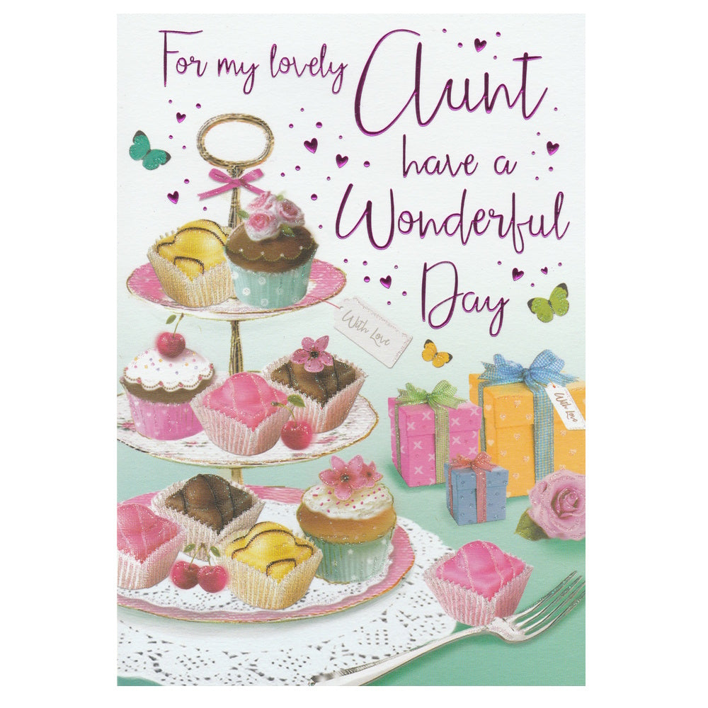 Front of this birthday card features an illustration of a cake stand with various colourful iced cupcakes, paired with a message.