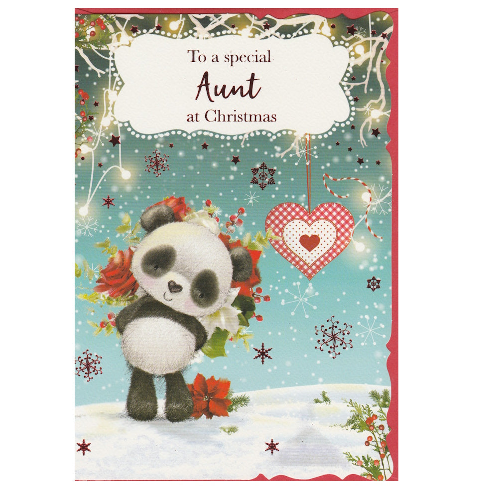 Front of this aunt Christmas card features an illustration of a panda holding a Christmas bouquet, with the text 'To a special Aunt at Christmas'.