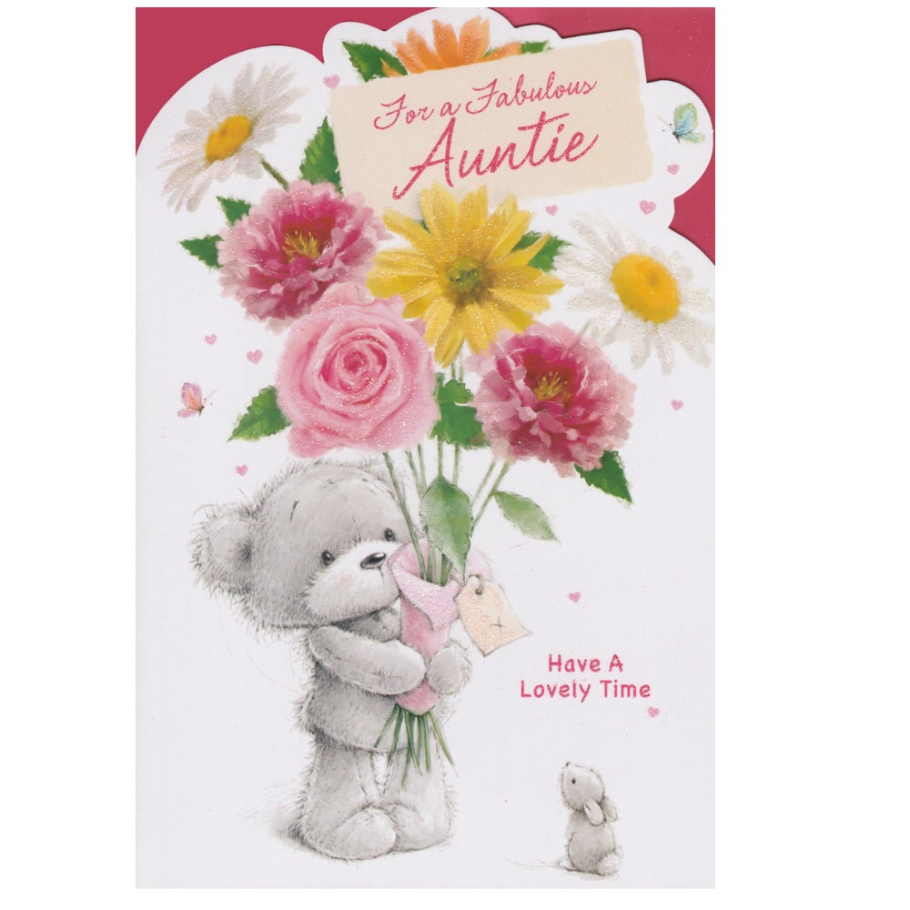 Front of this auntie birthday card features an illustration of a bear holding a bouquet of yellow and pink flowers, paired with a message, as shown in product photo.
