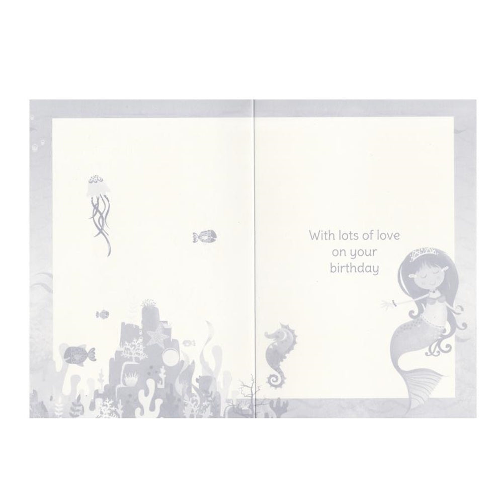 Front of this auntie birthday card features a cartoon illustration of a mermaid with a 'Happy Birthday, Auntie' message, along with various sea creatures on a underwater themed background.