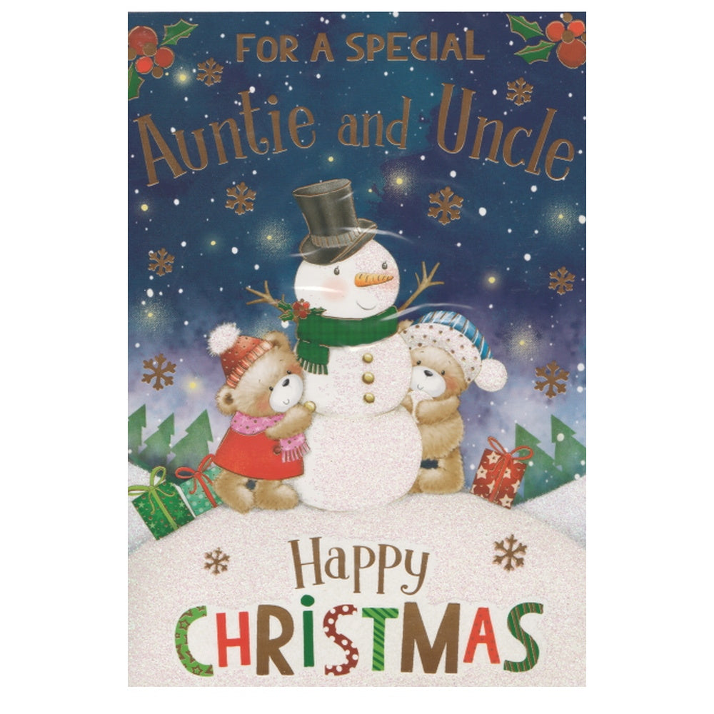 Front of this auntie and uncle card features an illustration of teddy bears and snowman on a glittered snow covered background.