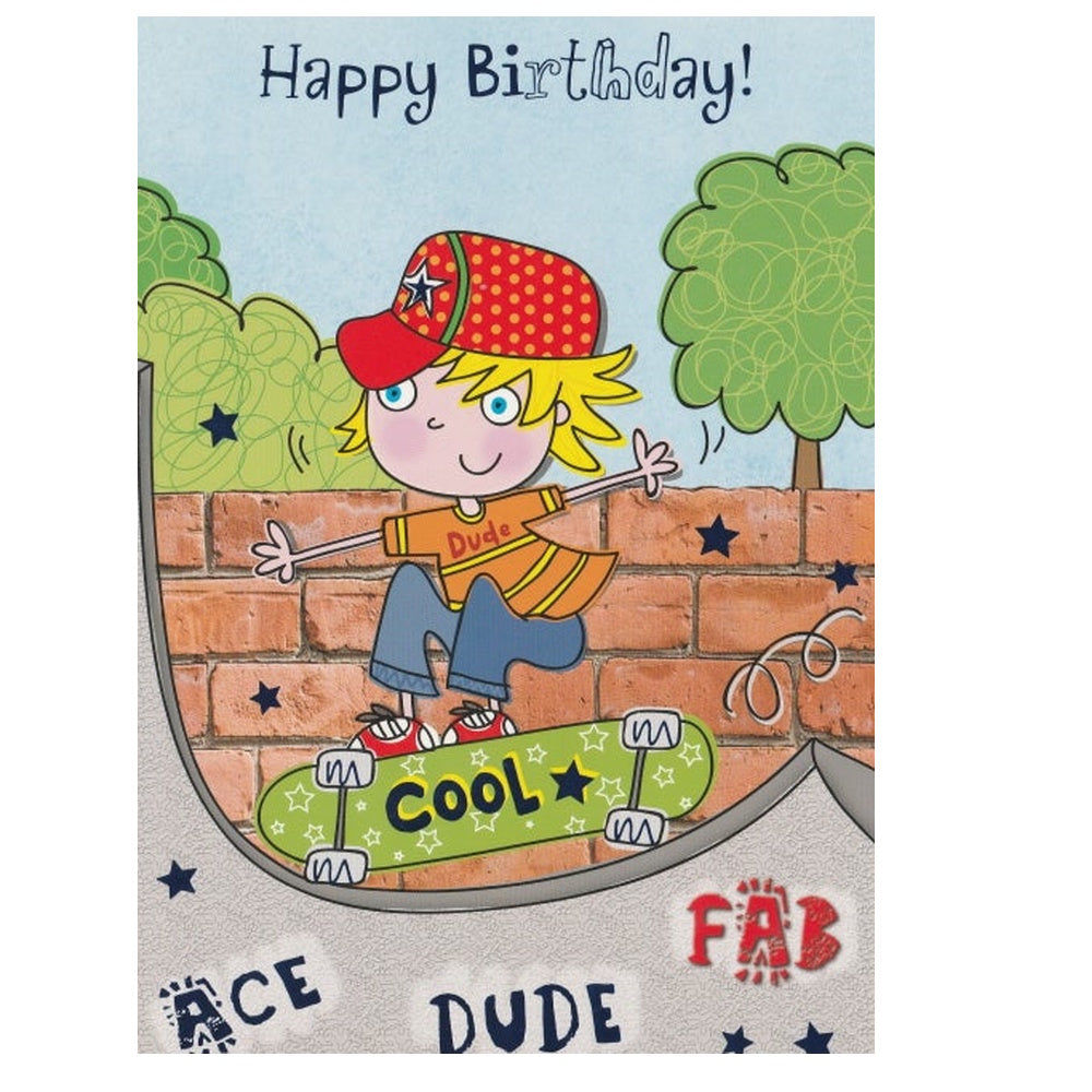Front of this card features an illustration of a boy skateboarding, with the text 'Happy Birthday!' and 'ACE DUDE FAB'.