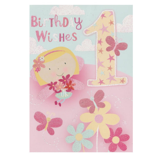 Front of this card features an illustration of a little girl picking flowers with the text 'Birthday Wishes' and a large number 1.
