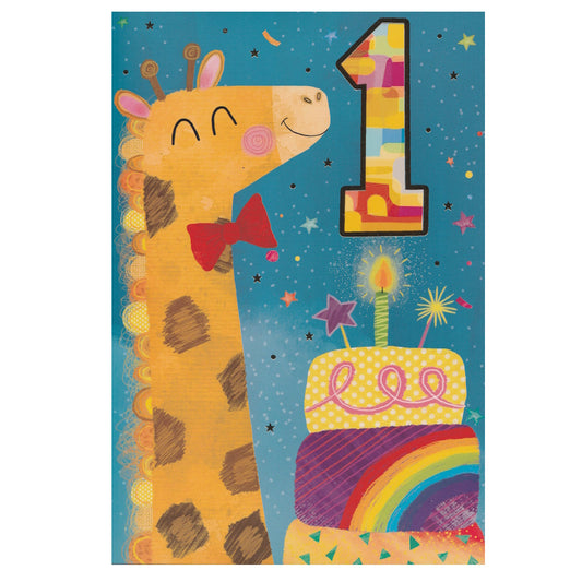 Front of this card features an illustration of a giraffe with a rainbow birthday cake with a single lit candle, paired with a message.