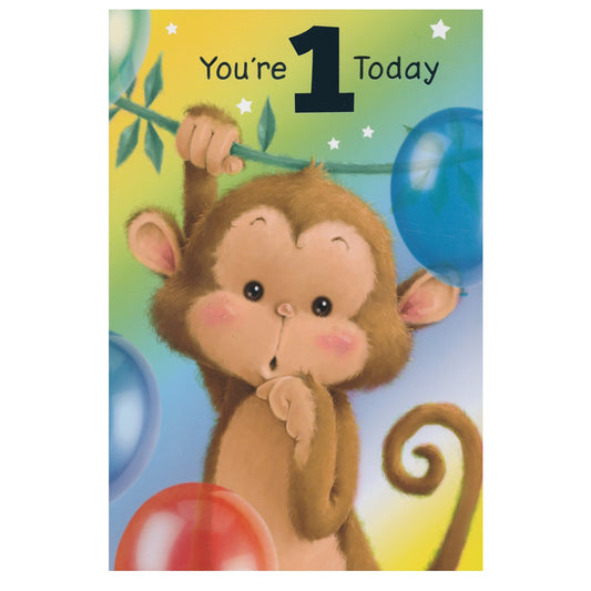 Front of this card features an illustration of a monkey surrounded by coloured balloons, paired with a message.