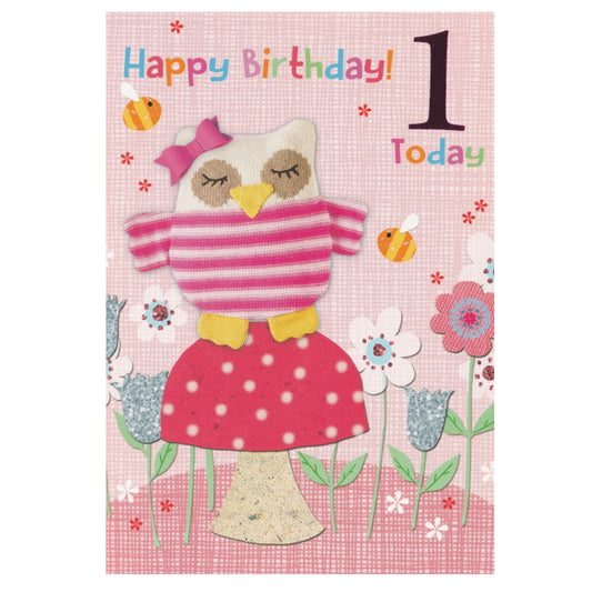 Front of this card features an illustration of a colourful scene of an owl wearing a jumper, stood on a mushroom and paired with a message.