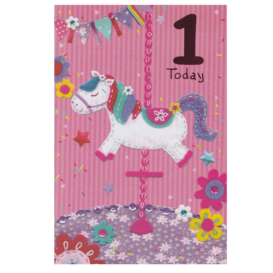 Front of this card features an illustration of a colourful carousel pony, paired with a message.