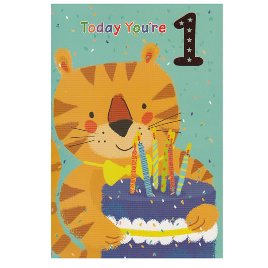 Front of this card features an illustration of a tiger holding a birthday cake with candles, paired with a message.
