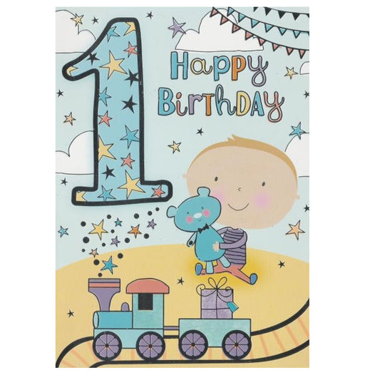 Front of this card features an illustration of a little boy playing with a teddy bear and train set, paired with a message.
