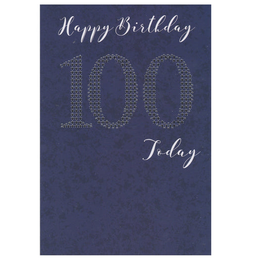 Front of this 100th birthday card features the text 'Happy Birthday 100 Today' on a dark blue background, as shown in product photo.