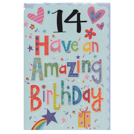 Front of this card features the text '14 Happy Birthday', surrounded by hearts and presents.