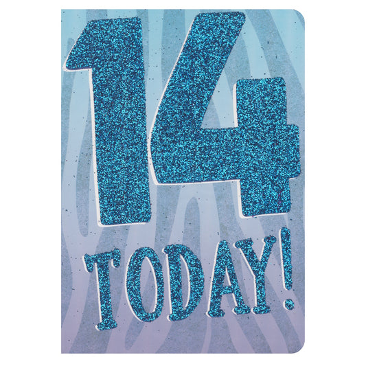 Front of this card features the text "14 TODAY!" written in sparkly blue letters on a blue wavy striped background.