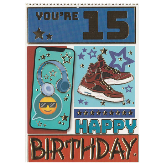 Front of this 15th birthday card features the text 'YOU'RE 15 HAPPY BIRTHDAY' with an illustration of headphones & a pair of trainers.