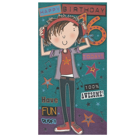 Front of this card features an illustration of a teenage boy with headphones, paired with a message.
