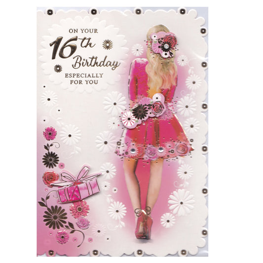 Front of this card features the text 'ON YOUR 16th Birthday ESPECIALLY FOR YOU' with an illustration of girl wearing a pink dress.