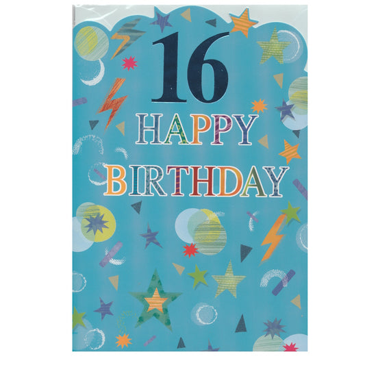 Front of this birthday card features the text '16 Happy Birthday', surrounded by colourful stars and lighting bolts.