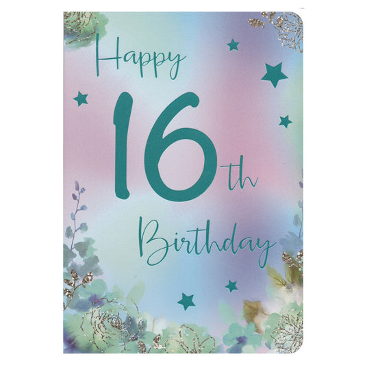Front of this card features the text "Happy Birthday 16th Birthday", surrounded by stars and foliage.