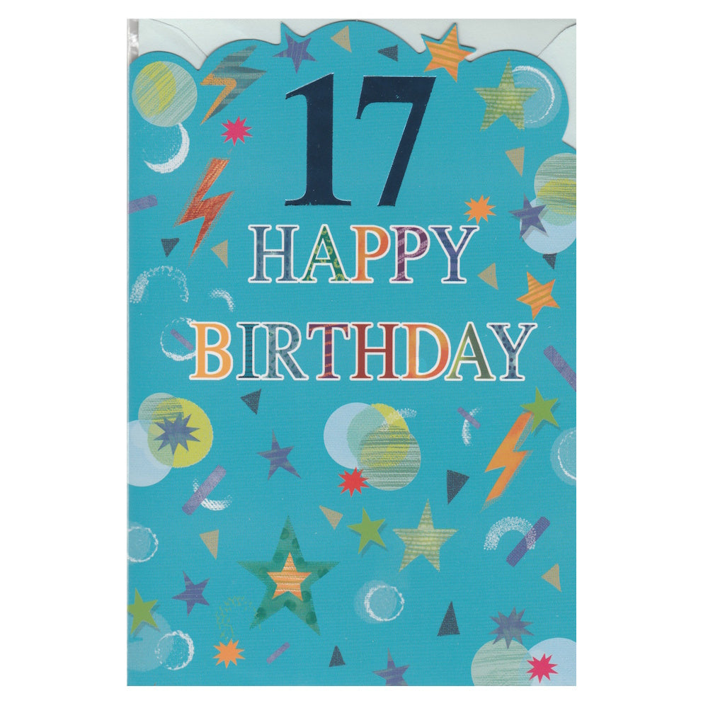Front of this birthday card features the text '17 Happy Birthday', surrounded by colourful stars and lighting bolts.